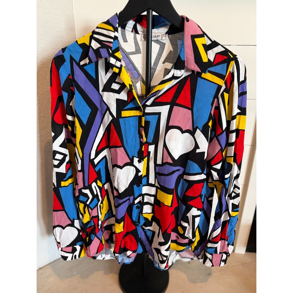 Vintage Dart Womens Shirt S Colorblock Abstract Print Button Down Retro‎